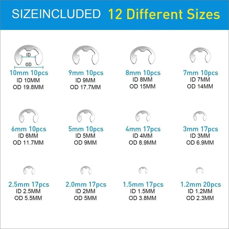 CIRCLE- 327Pcs Stainless Steel E-Clip C-Clips Circlip Kit Retaining Ring Assortment Set