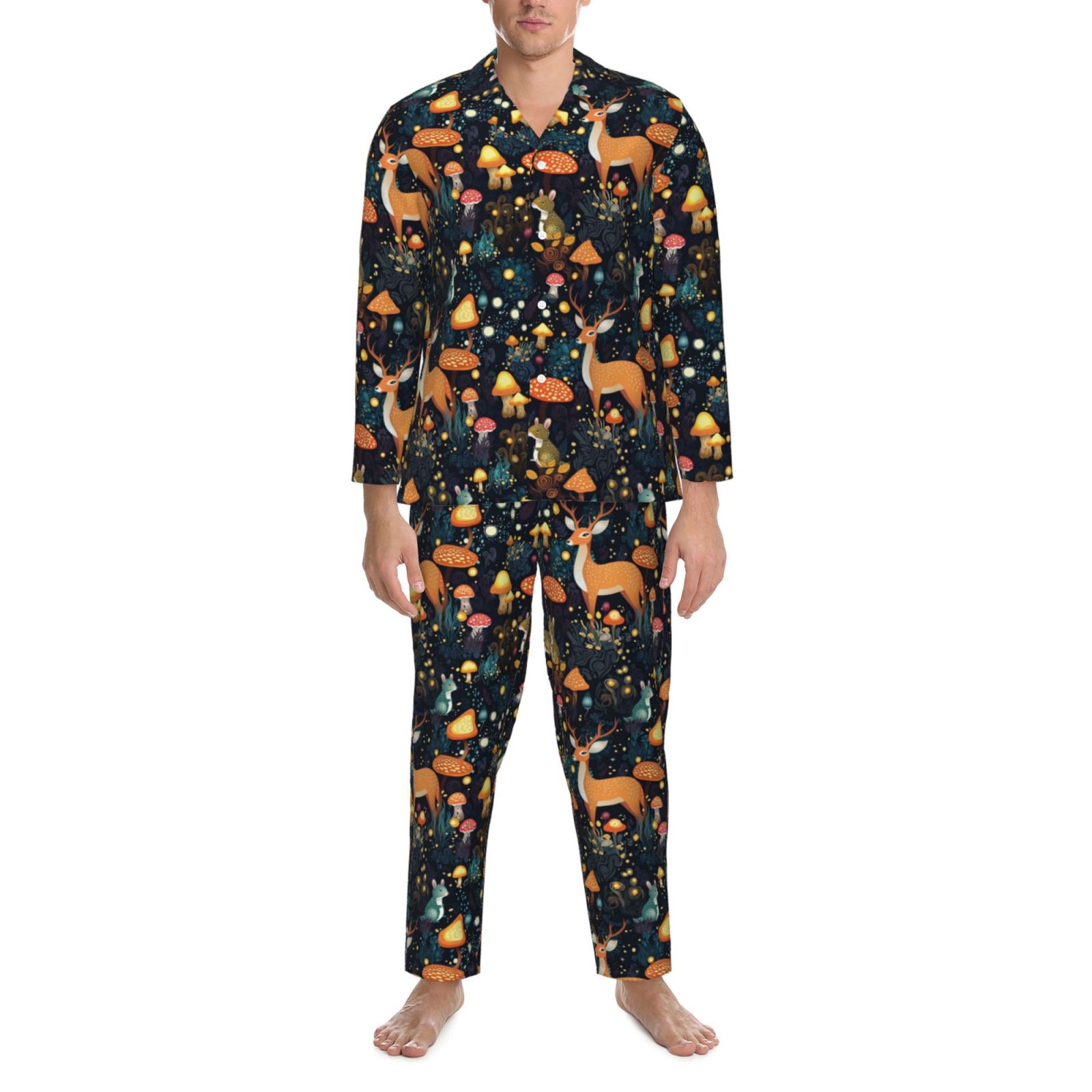 Picia Forest Elf Pattern Men’s Long-Sleeve Sleepwear Set - Soft 2-Piece Loungewear with Pockets, Comfy PJs for Relaxing Nights-Large