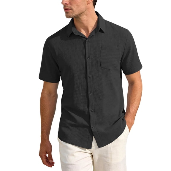 GUZOM Mens Short Sleeve Button Down Shirt - Black Crinkle Texture Breathable Polyester Casual Shirt with Chest Pocket,Size XL