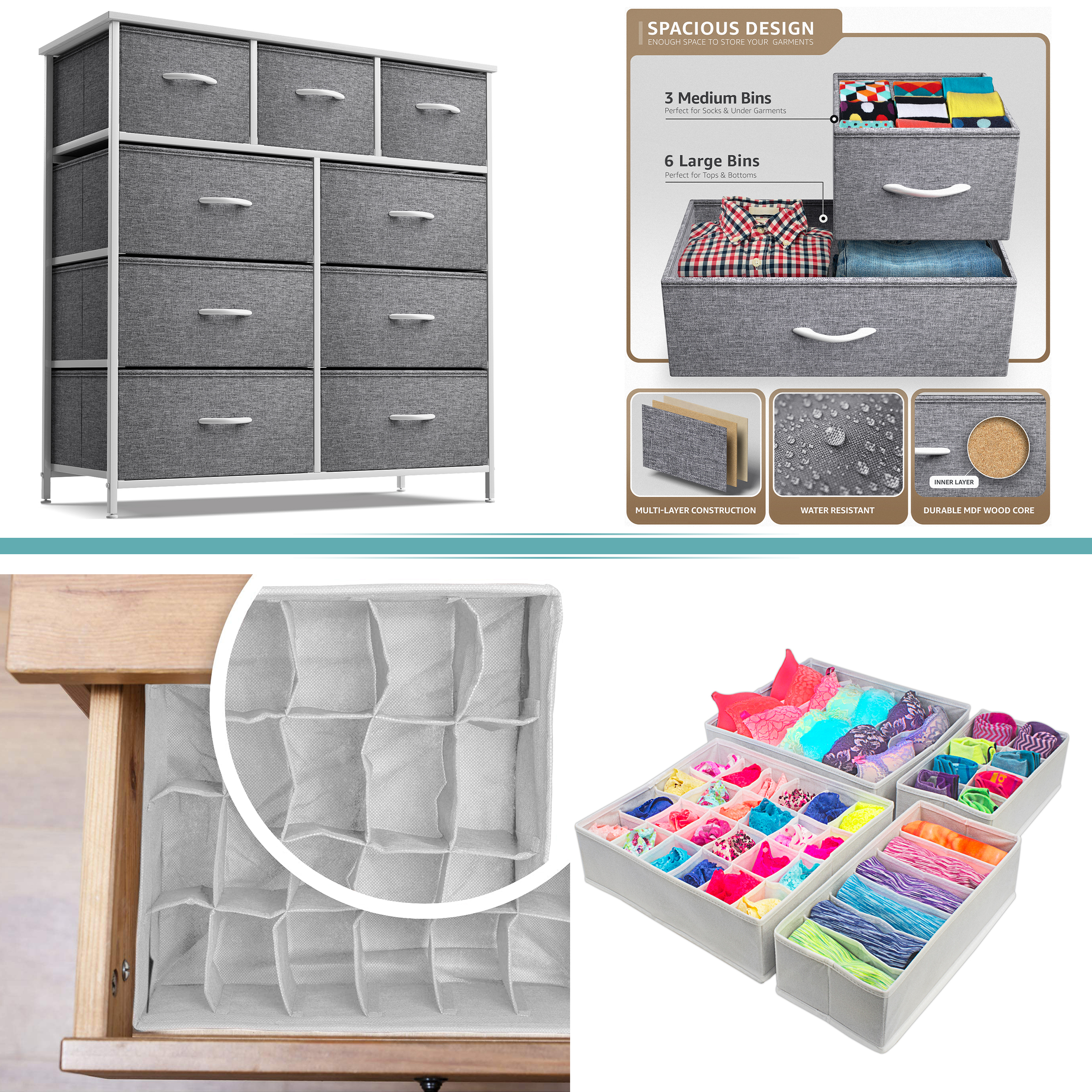 Sorbus 9-Drawer Dresser with Foldable Fabric Drawer Dividers: Ideal for Adult Bedrooms, Offices