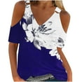 thumbnail image 2 of Wyongtao Women's Tops Print V-Neck Off-the-Shoulder Short Sleeve Shirts Casual Going Out Tops Blouse,Blue XXL, 2 of 5