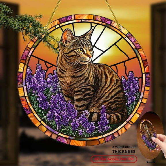 2D Flat, 1pc Cat Lavender Acrylic Suncatcher - Circular Stained Glass Effect Window Hanging Decor, Vibrant Indoor_Outdoor Home Art for Housewarming Gifts & Wreath Centerpieces,  8*8inch