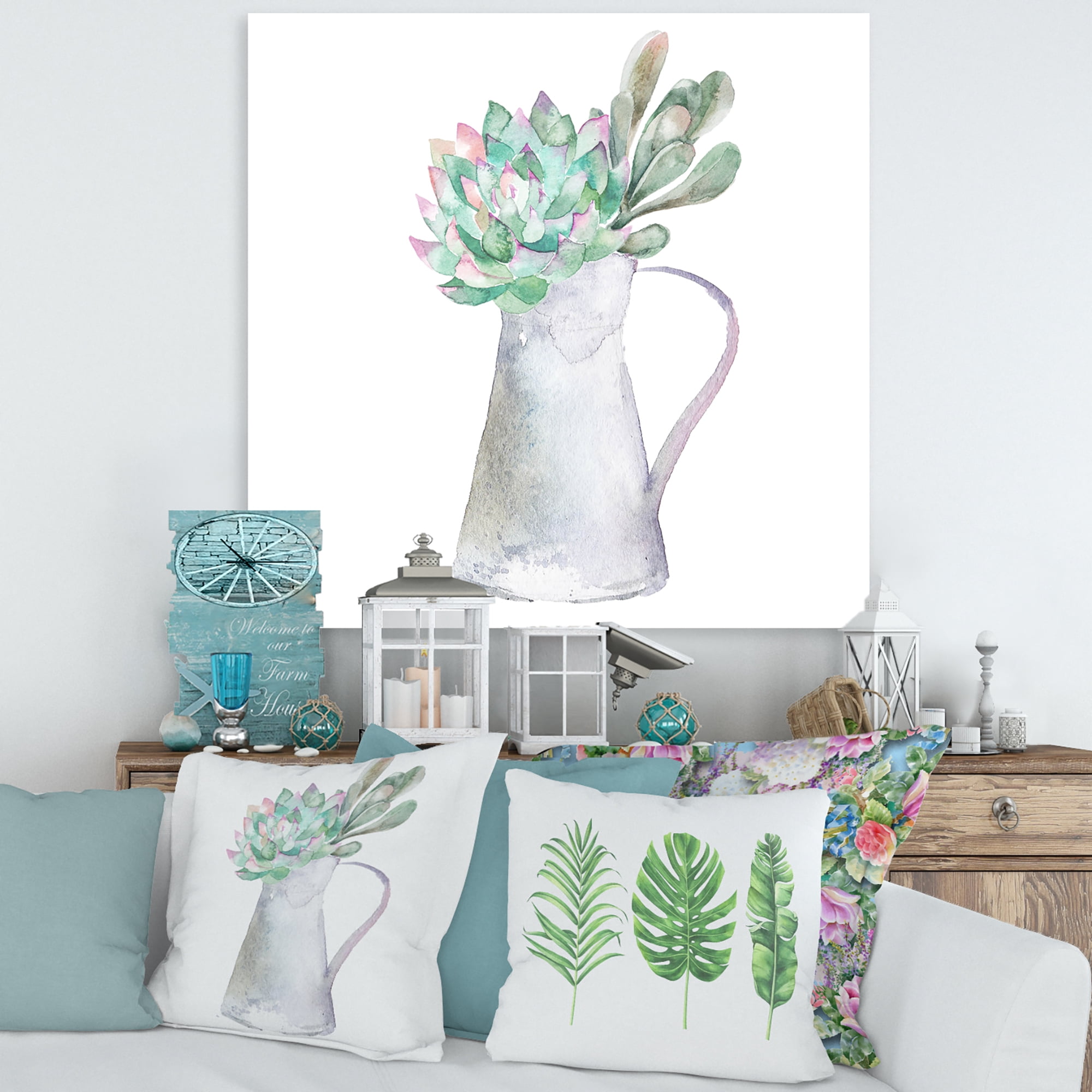 Designart ' Succulent Home Plant In Jug ' Traditional Canvas Wall Art Print