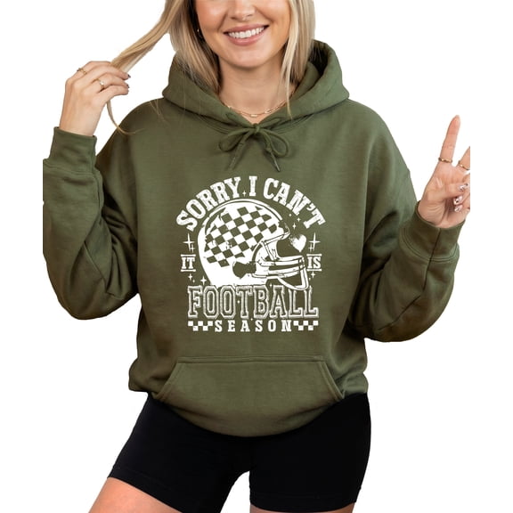 Sorry I Can't It Is Football Season Hoodie Women Checkered Helmet, Army Green Hoodie, M
