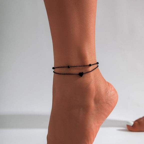 DESIGNICE Ankle Bracelets for Women Waterproof Black Anklet for Women Dainty Layered Letter Heart Bracelets Adjustable Foot Chain Anklet Summer Beach Jewelry