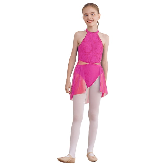 CHICTRY Robe de Danse Ballet Sans Manches en Dentelle Florale pour Filles Enfants Costume de Danse Contemporain Moderne Rose 14