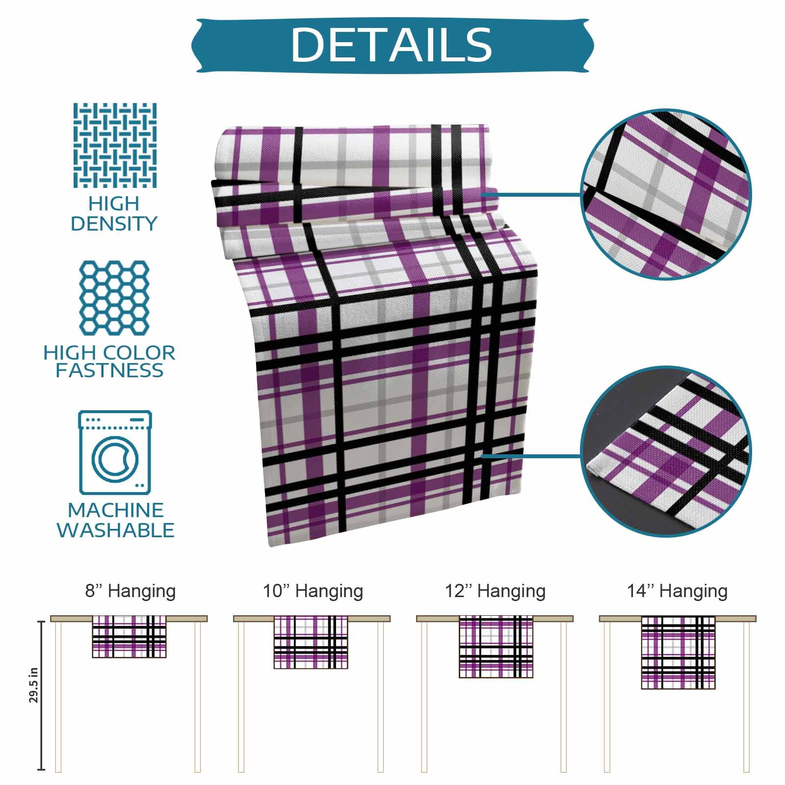 Ldtrchee Purple Black Plaid Table Runner 72 Inches, Farmhouse Purple Black Checkered Bed Runner Dresser Scarves Tabletop for Indoor Outdoor Parties/Ceremony/Banquet, 14" x 72"