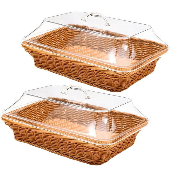 2 PCS Imitation Rattan Bread Baskets, Wicker Bread Baskets with Acrylic Lids, Woven Bread Basket with Dustproof Cover, Fruit Tray, Rattan Food Serving Tray for Kitchens, Dining Tables, Restaurants
