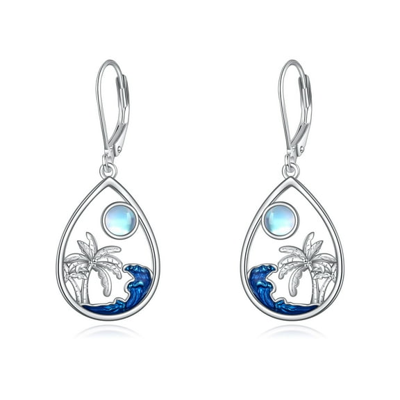 Palm Tree Earrings Sterling Silver Moonstone Palm Tree Dangle Drop Earrings Ocean Themed Jewelry Summer Beach Holiday Gift for Women