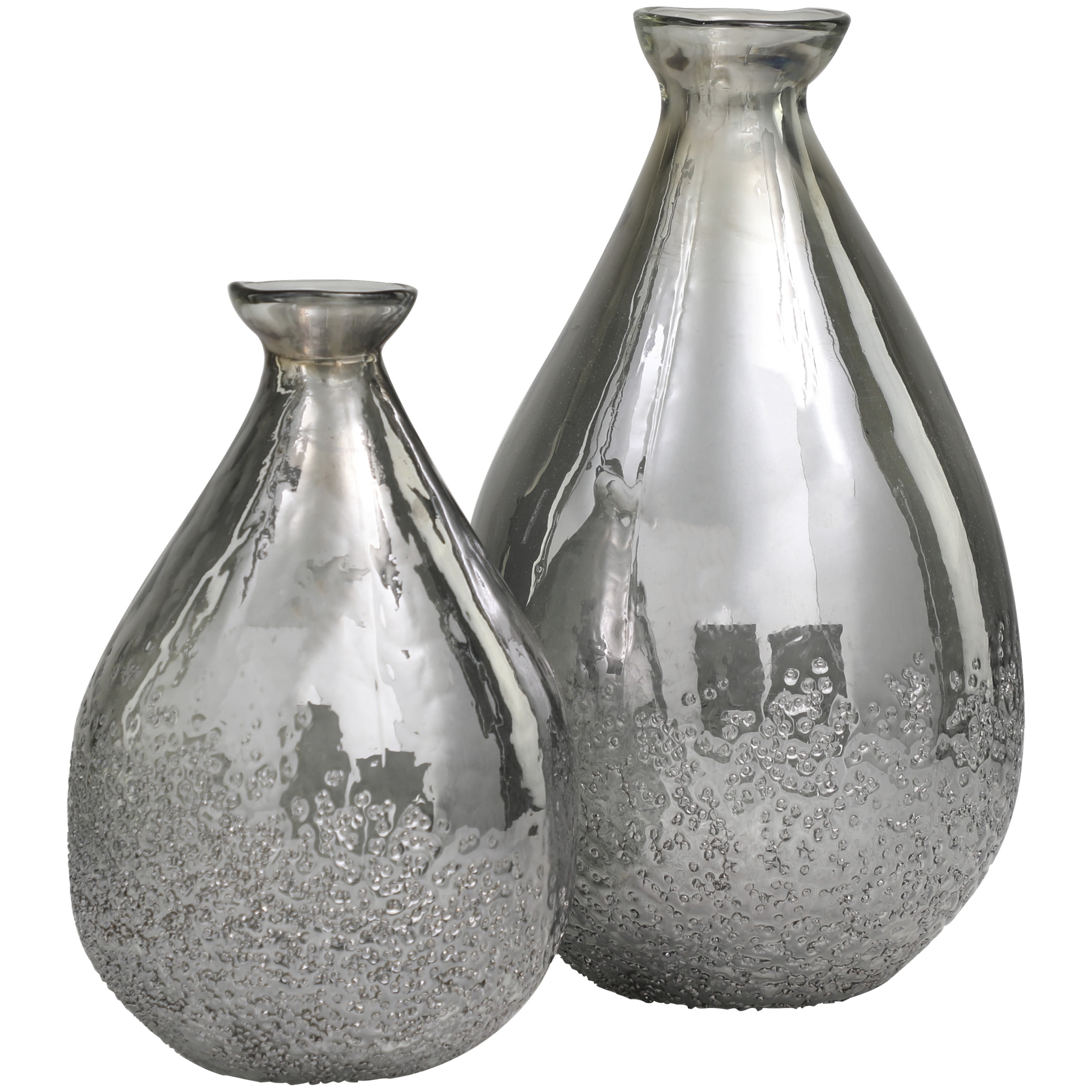DecMode 12", 9"H Textured Teardrop Gray Glass Vase, Set of 2