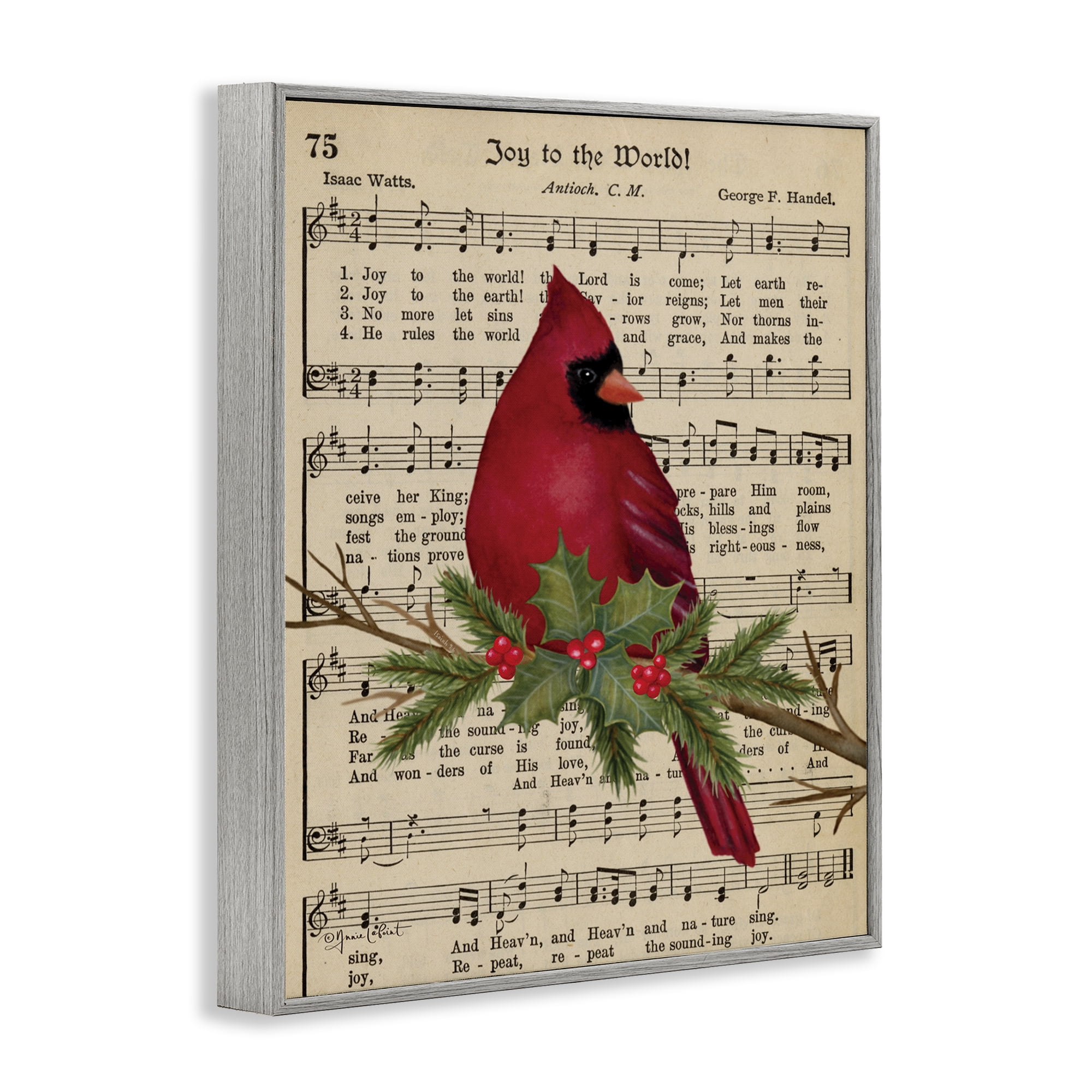 Stupell Industries Cardinal on Holiday Music Holiday Painting Gray Framed Art Prints Wall Art, 16 x 20