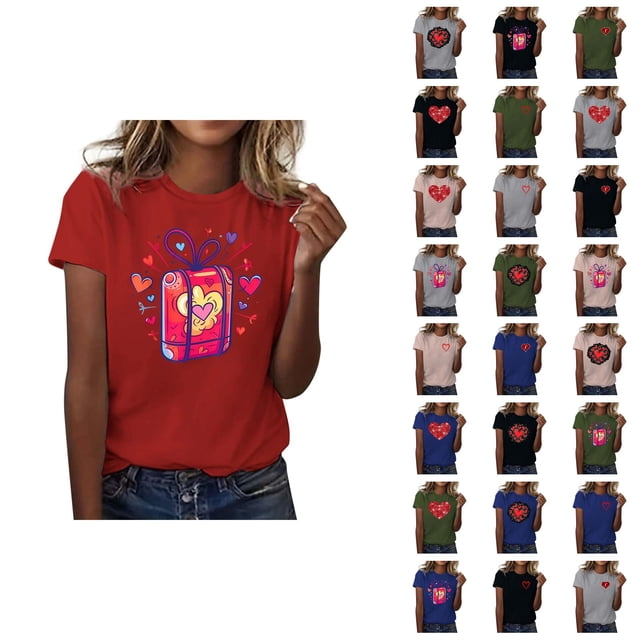 T-shirt Femme Saint-Valentin 2026 Mode Manches Courtes Col Rond Cœur Graphique