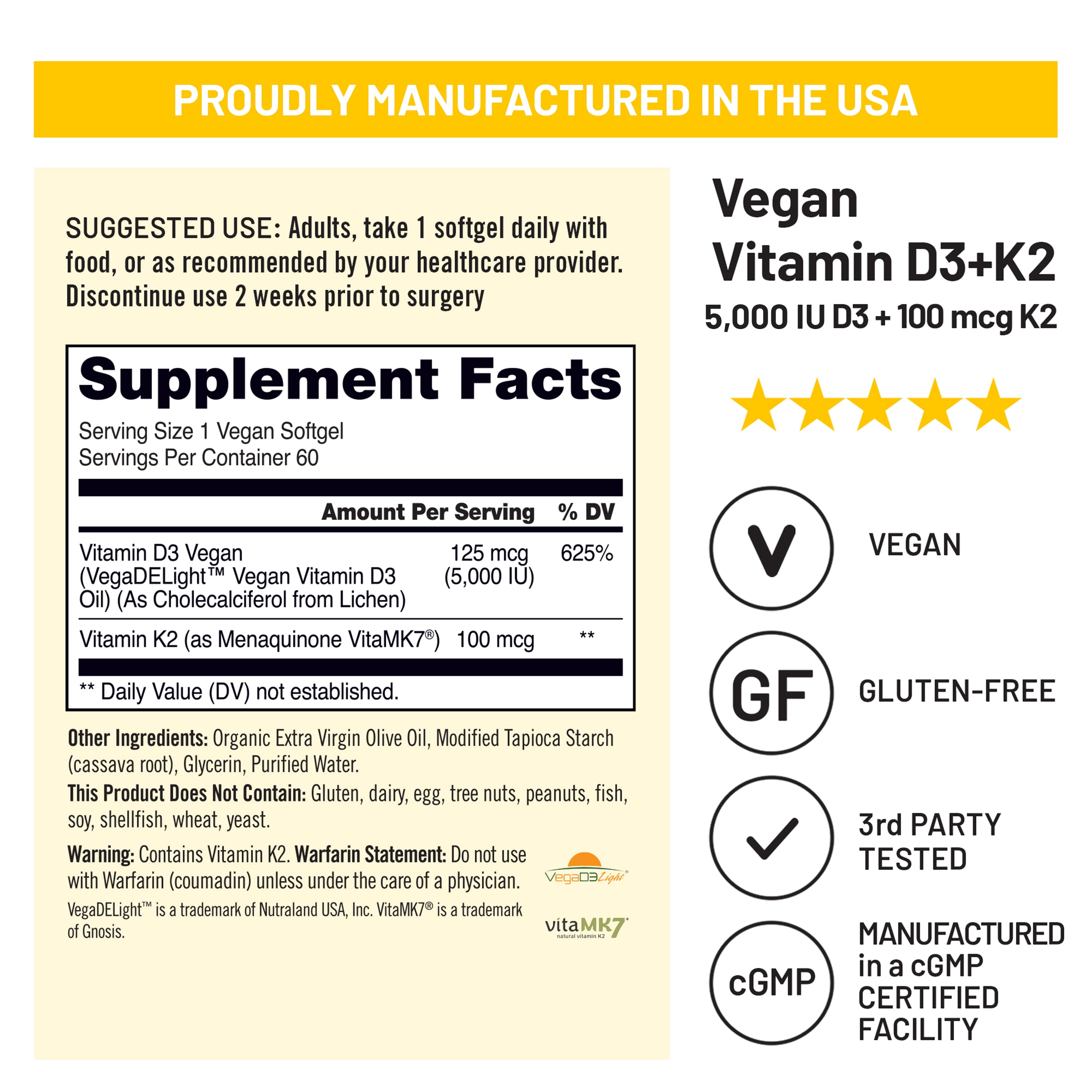 NatureWise Vegan Vitamin D3 5000IU + K2 Organic Olive Oil - 60 Softgels[60-Day Supply]