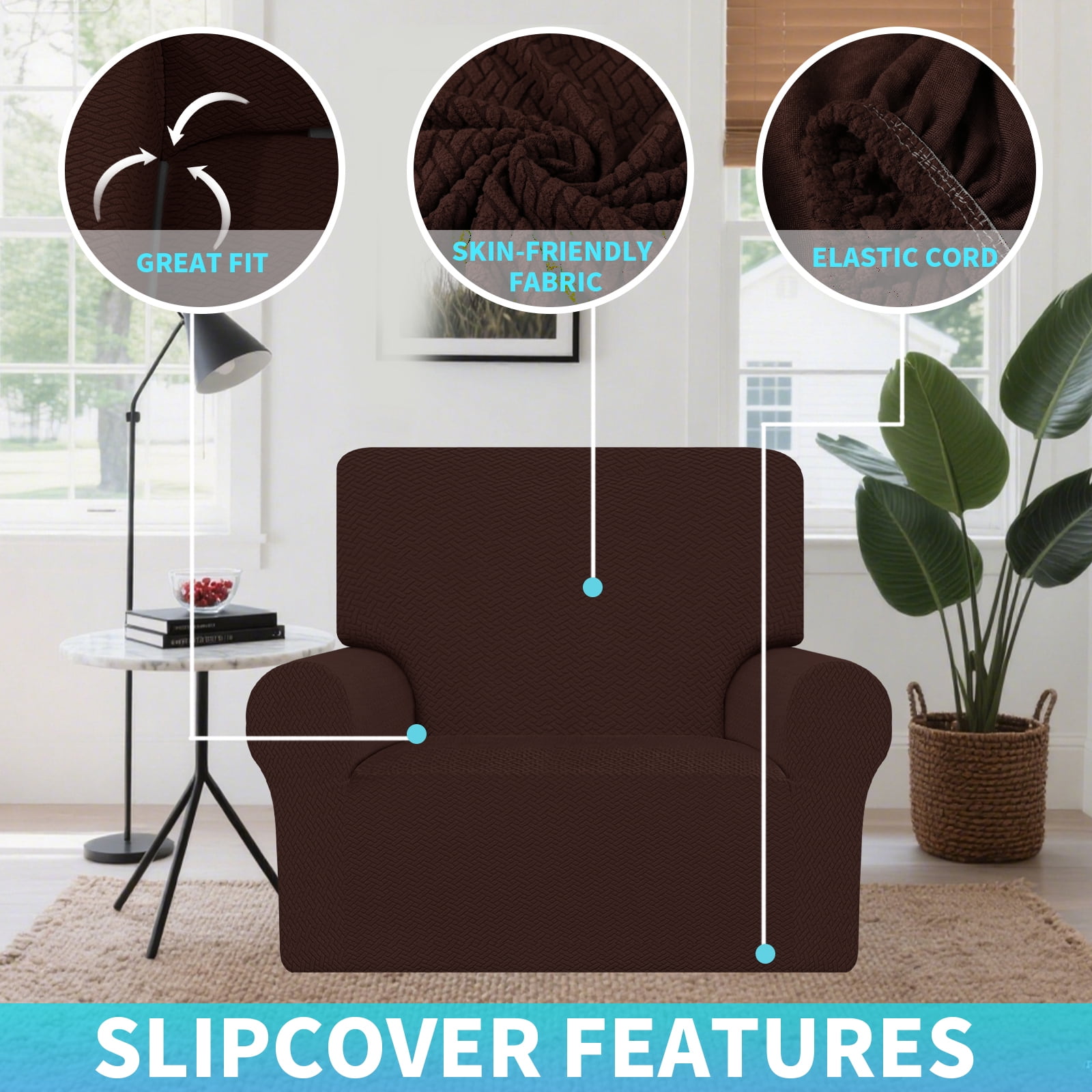 Debonair Stretch Jacquard Couch Cover with 1 Pillowcase, 1-Piece Soft Sofa Cover, Sofa Slipcover with Anti-Slip Foams, Washable Furniture Protector for Pets (Chair, Chocolate)