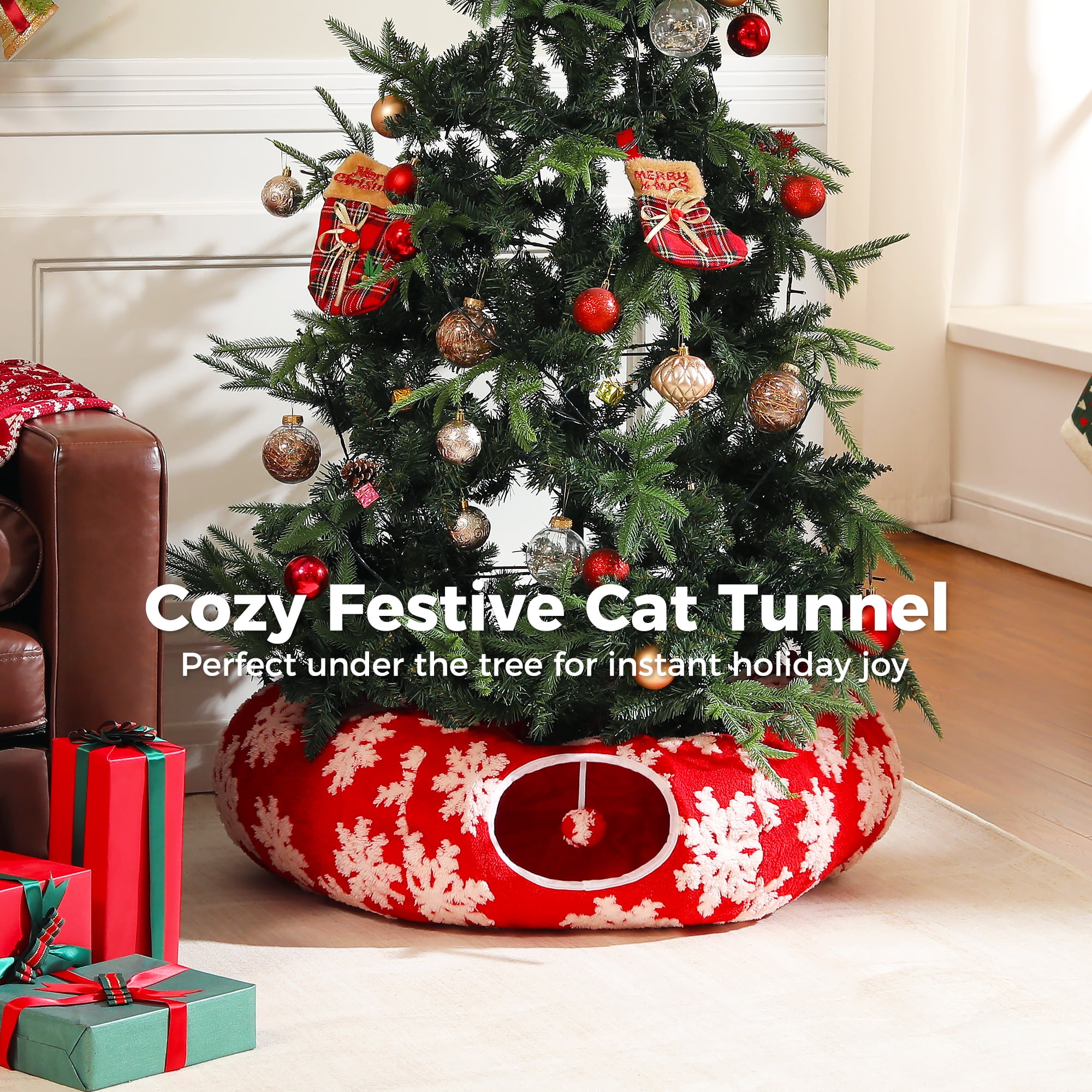 PAWZ Road 34" Cat Tunnel Christmas Cat Tunnel Bed with Soft Mat, Cat Toys for Indoor Cats, Red