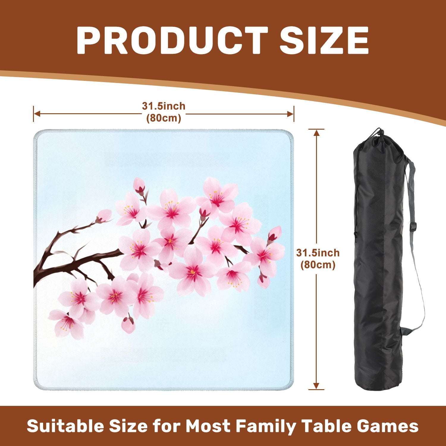 Mahjong Mat 31.5" x 31.5" cherry blossom spring flower Japan Non-Slip Noise Reduction American Mahjong Tiles Table Cover for Dominoes Poker Card Board Games Gift
