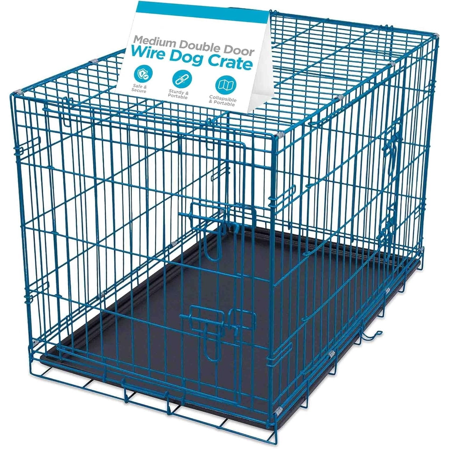 Dog Kennel | Medium (36 Inches) | Double Door Metal Steel Crates | Indoor Outdoor Pet Home | Folding and Collapsible Cage | Blue