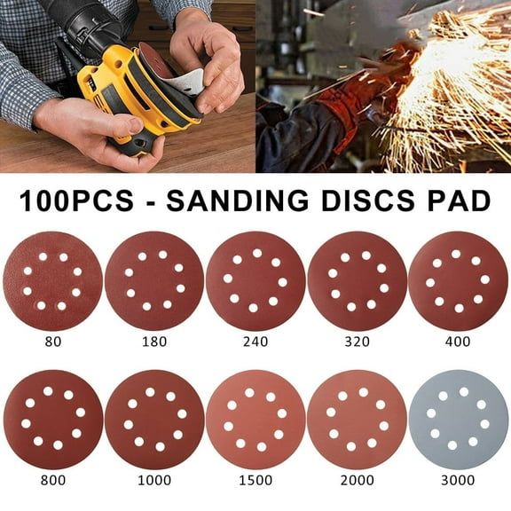100Packs 5 Inch 8 Hole Assorted Grits Sanding Discs, Sanding Pads Hook and Loop Sanding Disc 8 Hole Sanding Discs Round Sandpaper Discs