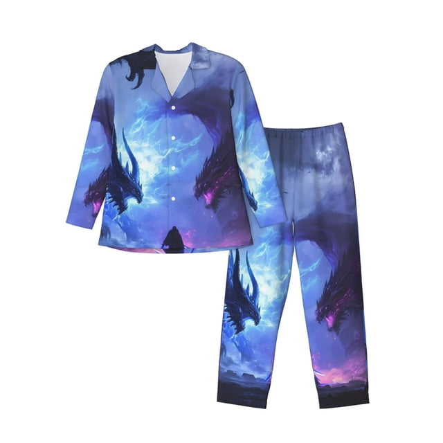 Balery Red And Blue Fire Dragon Pijama para Hombre de Dos Piezas con Manga Larga, Conjunto de Dormir y Descanso Suave con Bolsillos-Large