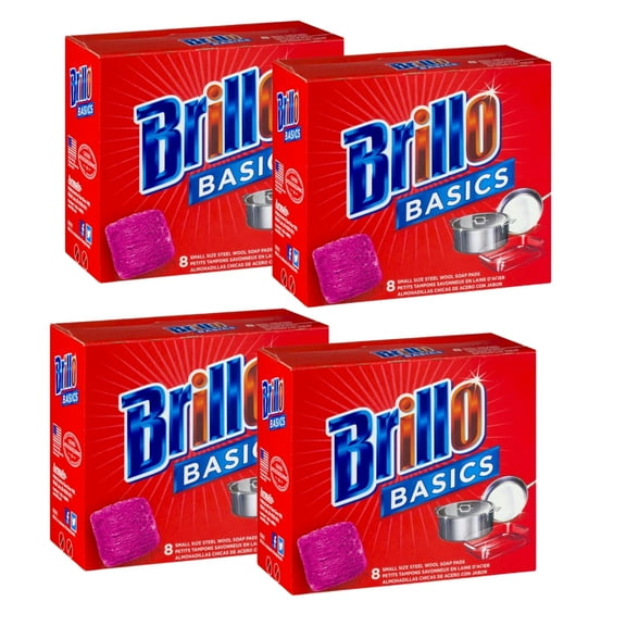 Brillo Steel Wool Soap Pads Smaller Size Original Reusable Non-Scratch Scrubber for Household Kitchen Dishes Pots Pans and Metal Grills Easy Cleaning of Tough Kitchen Grease and Oil 8ct Pack of 4