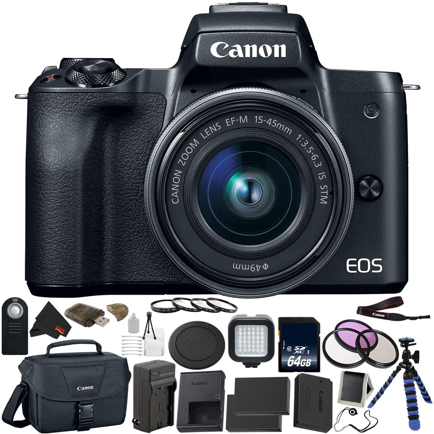 Canon EOS M50 Mirrorless Digital Camera with 15-45mm Lens Bundle with 64GB Memory Card + Tripod + 2x Spare Battery + LED Light + More - Intl Model(International Model)
