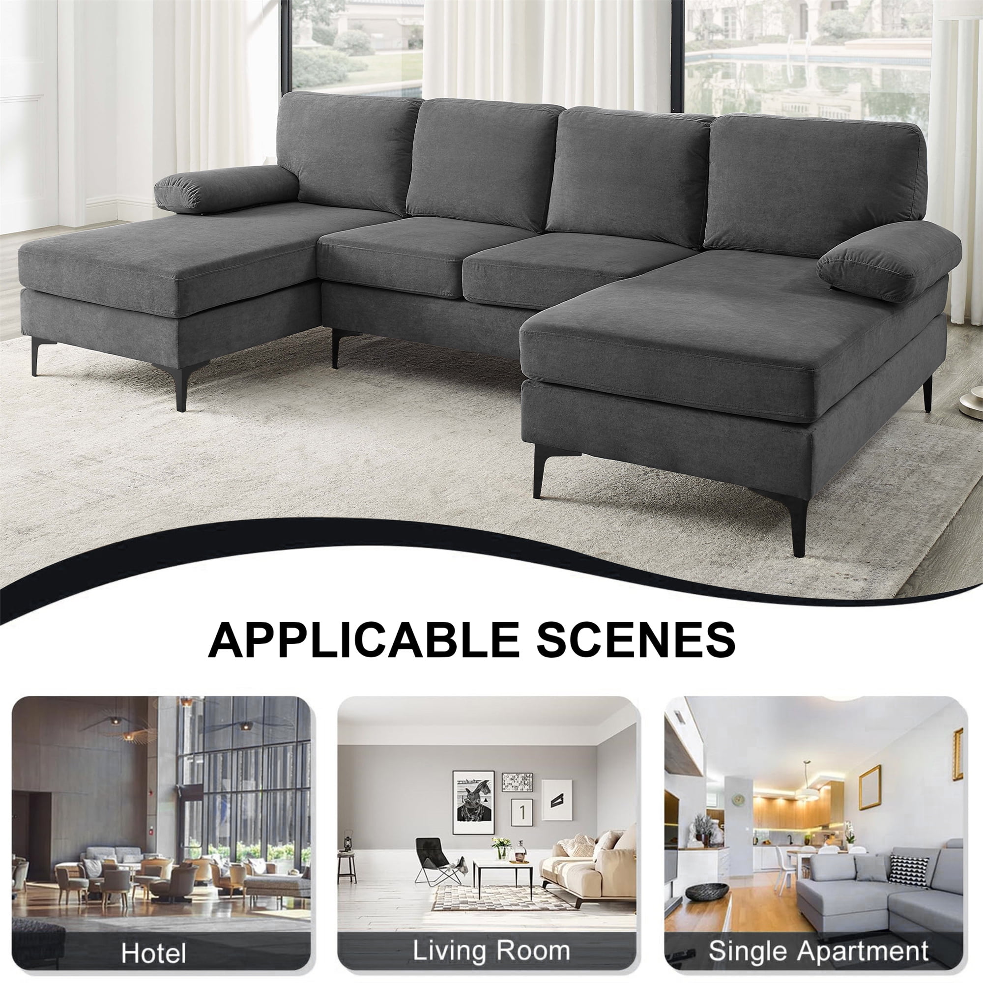 Aukfa 106" U-Shaped Sectional Sofa with Double Chaise Sleeper Sofa Couch for Living Room, Dark Gray