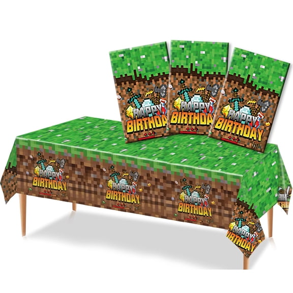 3pcs Pixel Party Tablecloth Birthday Decorations, 43x71in Disposable Green and Brown Miner Sandbox Game Theme Tablecloth, Rectangular Video Game Table Cover Decorations for Birthday Party, Party
