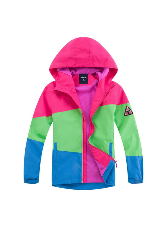 Hiheart Girls Outdoor Floral Fleece Lined Light Windproof Jacket with Hood Rose 8-9