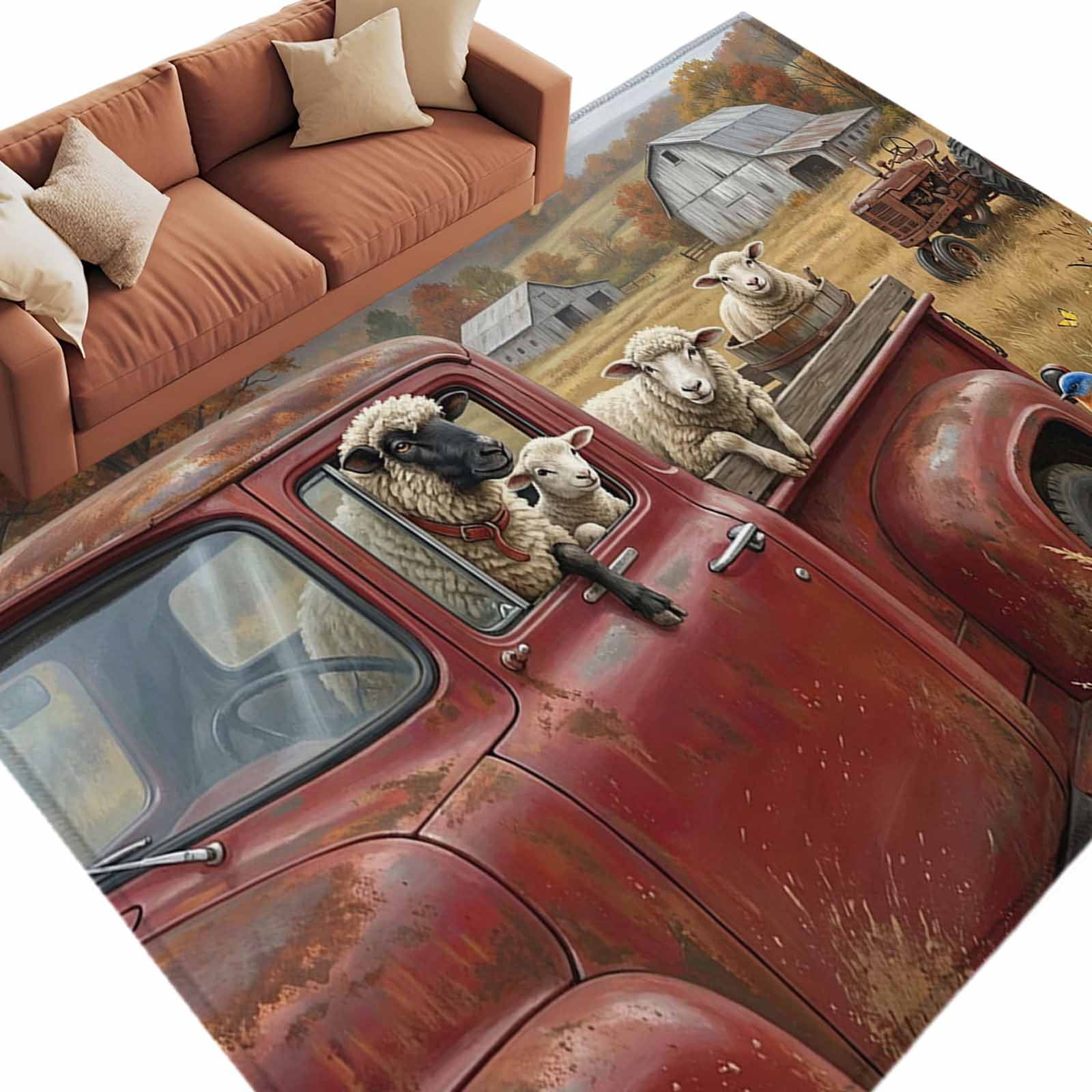 Rectangle Rug 6x9ft Area Rug Farmhouse Sheep Barn Truck Area Rugs for Living Room Bedroom Pastoral Tree Wildflower Floor Mat Non-Slip Non-Shedding Carpet Indoor Accent Rugs