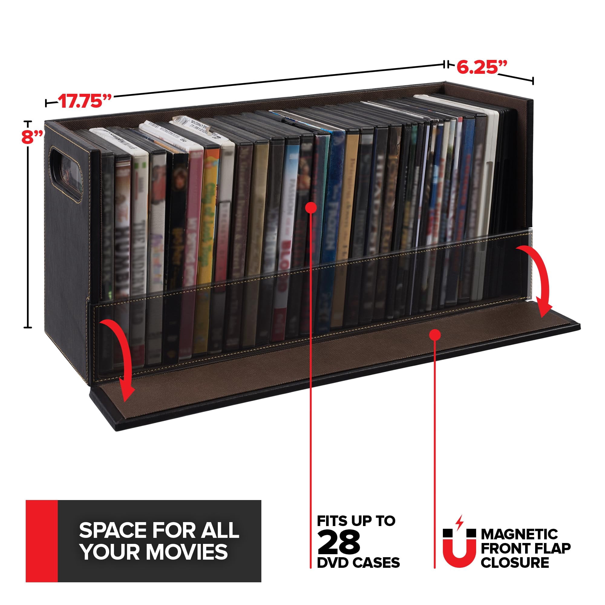 DVD & CD Storage Box, CD & DVD Storage Box, Movie Shelf Organizer for Blu-Ray, Video Game Cases, CDs, VHS Tape Display Stand, Disc Holder Can Store Up to 28 DVDs & 40 CDs, Faux Leather