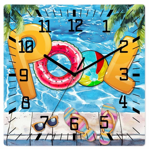 Blue Summer Pool Wooden Wall Clock Silent Non Ticking, Watermelon Swimming Ring Slippers Square Wall Clocks Battery Operated, Decor Clock for Home Office, Living Room, Kitchen, 12 Inch