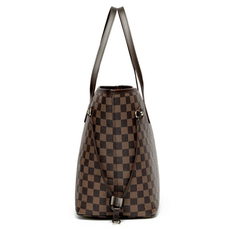 Sexy Dance Brown Checkered Tote Shoulder Bag With Inner Pouch,Fashion  Womens Satchel Handbag,PU Vegan Leather Checkered Purse Bag 