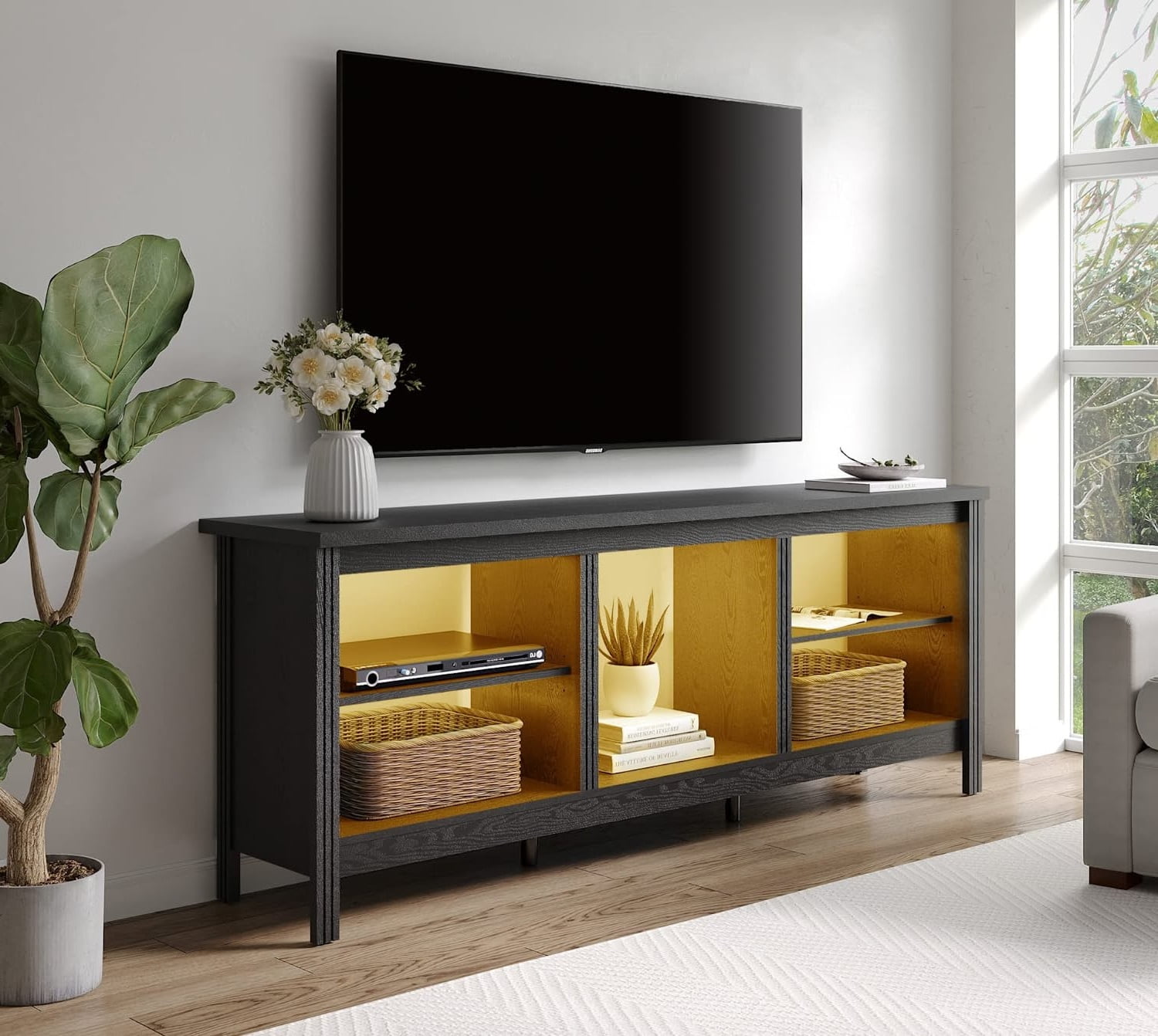 Farmhouse TV Stand for 75 inches Flat Screen, LED Wood Media Console