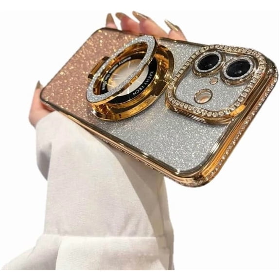 Bling Glitter Phone Case Compatible with iPhone 17, Kickstand Camera Lens Protector Soft Cover Sparkling Rhinestone Case (Pink)