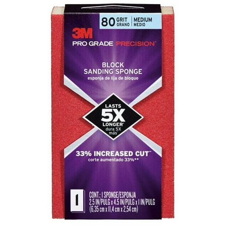 3M Pro Grade Precision Sanding Block, Faster Sanding, 2.5 in. x 4.5 in. x 1 in. , 80 Grit, Medium, 1 Sponge