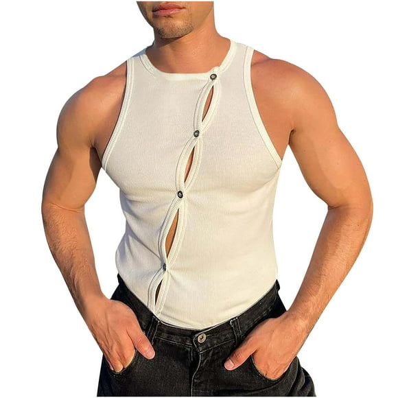 Bwiyojiz Sizes M-X5 Men's Fashion Tops Clothing Tank Slim Sleeveless Button U-Neck Casual Mens Undershirt Summer Outfits Running Vests White Men, Men Gifts