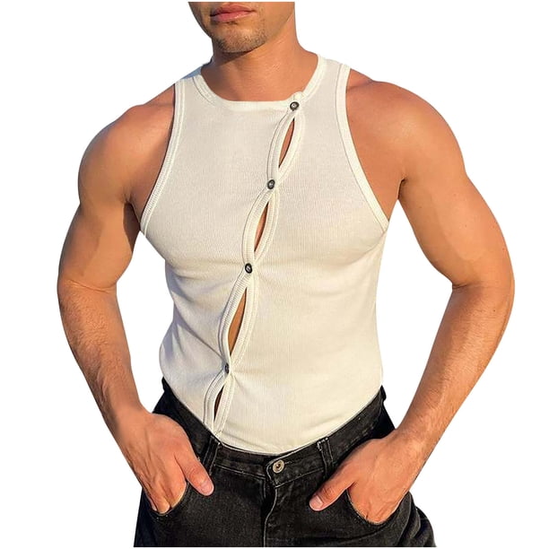pstuiky Camiseta sin mangas para hombre, Camiseta sin mangas para hombre, ajustada, sin mangas, con botones y cuello en U, informal Chaleco de hombre m