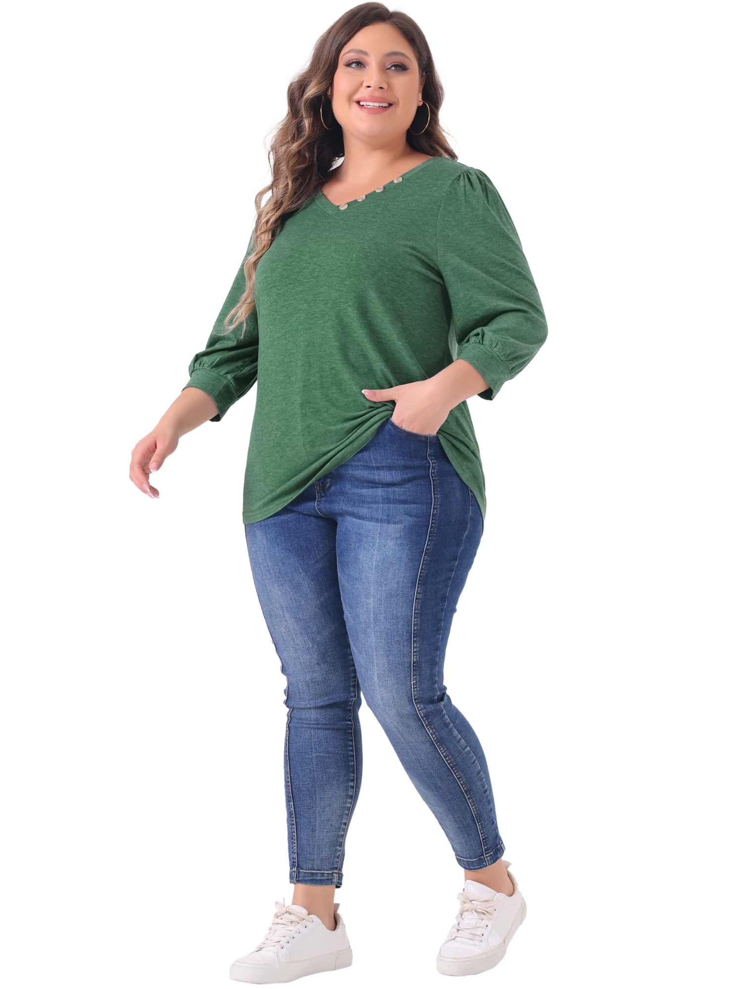 Women's Plus Top 3/4 Sleeve V Neck Button Decor Casual Solid Tees Shirts 3X Green