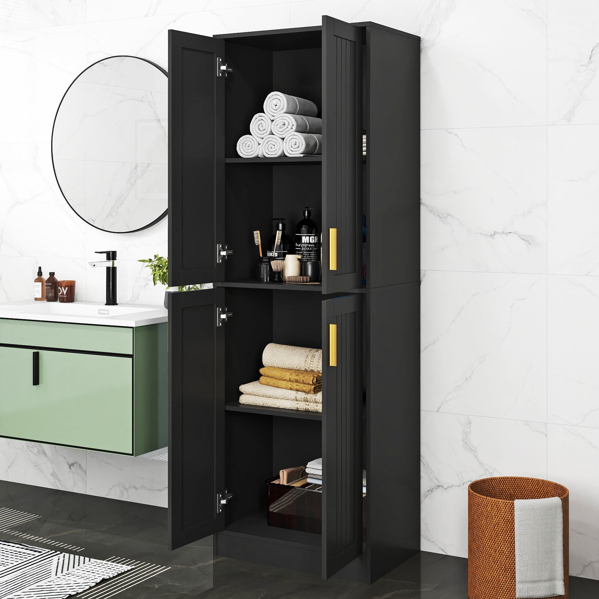 67.7” Tall Modern Storage Cabinet with 2 Adjustable Shelves, Bathroom Cabinet with 4 Doors, Kitchen Cabinets, Cupboard for Kitchen, Living Room