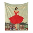 thumbnail image 1 of Vintage Woman Soft Flannel Fleece Throw Blanket, 1950's Style Girl in Red Dress in Front of a Traditional Street Background, Cozy Plush for Indoor and Outdoor Use, 50" x 70", Multicolor, by Ambesonne, 1 of 6