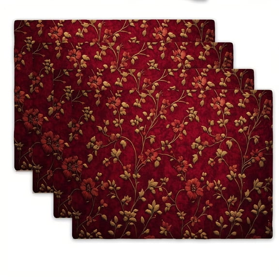 4pcs Burgundy Golden Floral Pattern Placemats Table Mats, 12x18in Heat-Resistant Table Place Mats, Decorative Washable Table Placemats, Ideal for Dining Home Wedding Banquet
