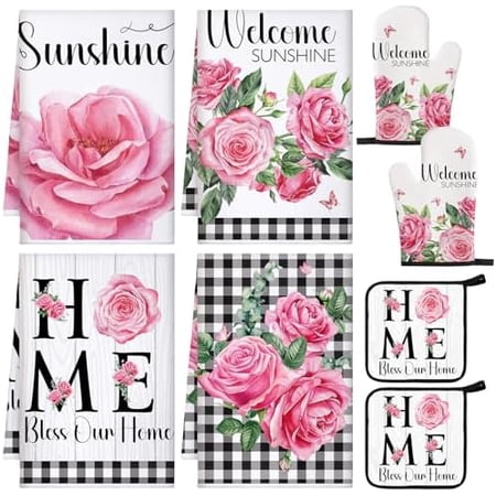 8 Pcs Kitchen Towels and Dishcloths Sets Oven Mitts and Pot Holders Sets Absorbent Kitchen Gloves Potholders Heat Resistant for Chef Baking Cooking(Black and White Rose)