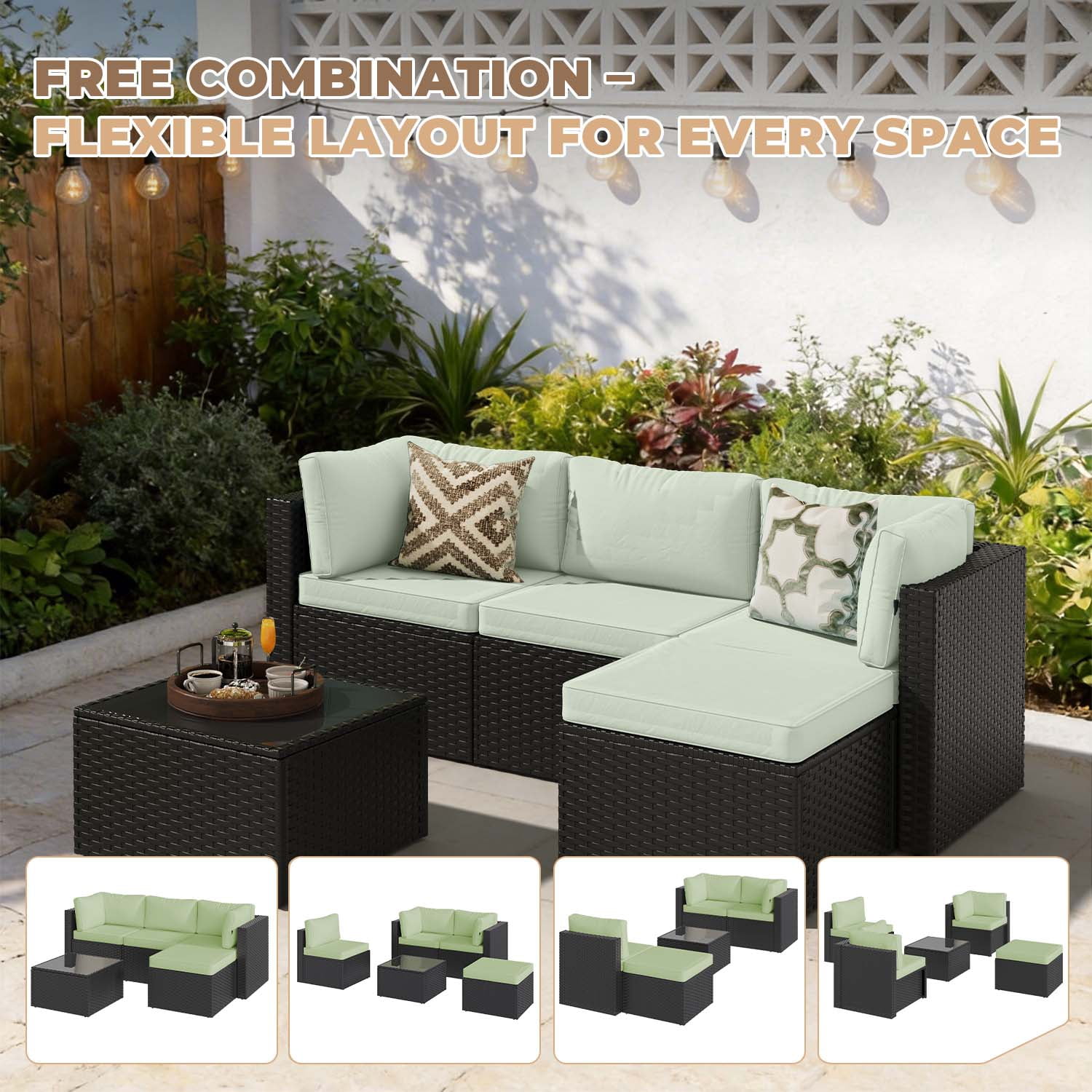 BaPiPro Modular Outdoor Wicker Patio Furniture Set with Tempered Glass Coffee Table & Removable All-Weather Cushions for Backyard, Poolside & Balcony Light Green
