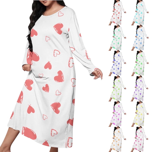 Wiyuqeen Chemises de Nuit à Manches Longues pour Femmes Chemises de Sommeil Grande Taille Imprimé Cœur Chemises de Nuit Col Rond Robe de Détente Robe de Nuit pour Dames