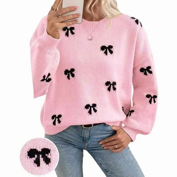 Women'S Y2K Print Sweater Crewneck Long Sleeve Drop Shoulder Knit Pullovers Sweaters Pink S