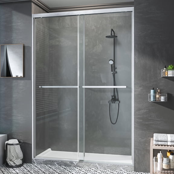 Hasipu 44-48" W x 76" H Shower Door, Semi-Frameless Double Sliding Shower Door with 5/16" (8mm) Crystal Clear Tempered Glass Door Bathroom Enclosure Brushed Nickel