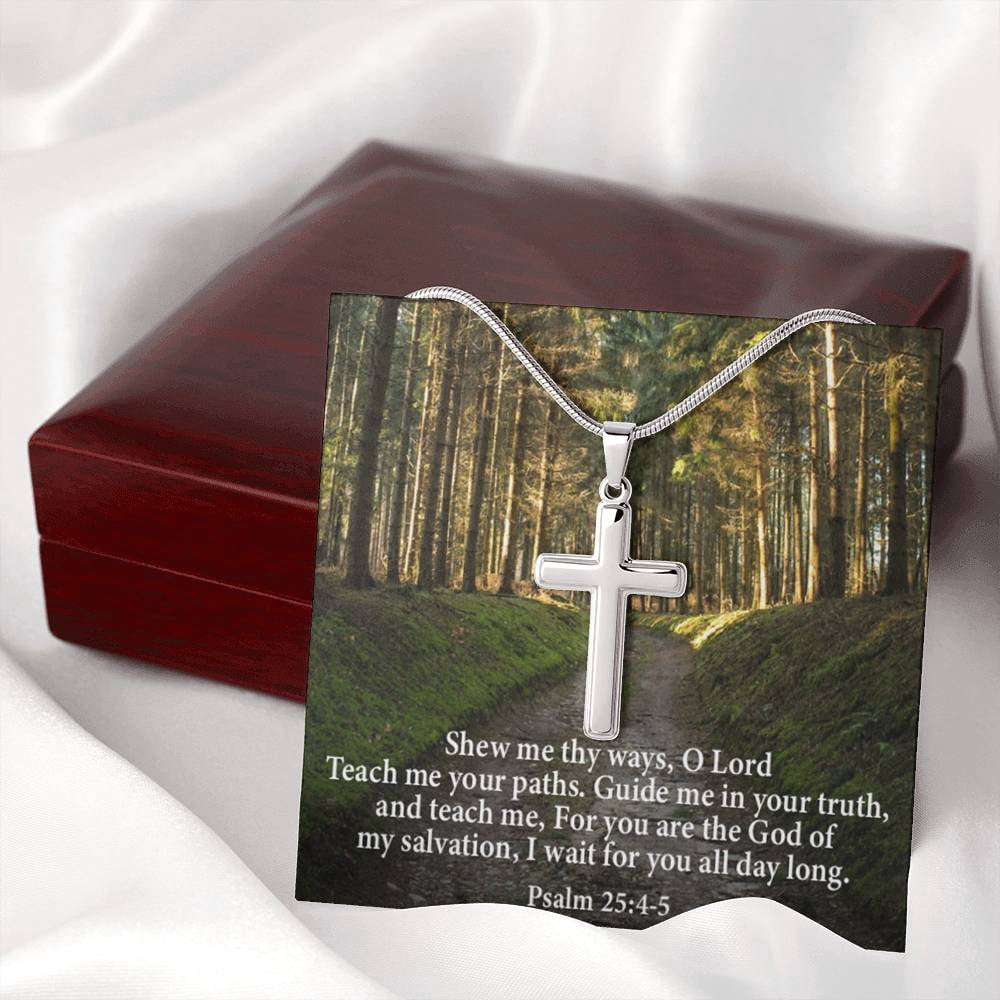 Scripture Card Baptism Psalm 25:4-5 Cross Necklace Faith Stainless Steel Pendant Religious
