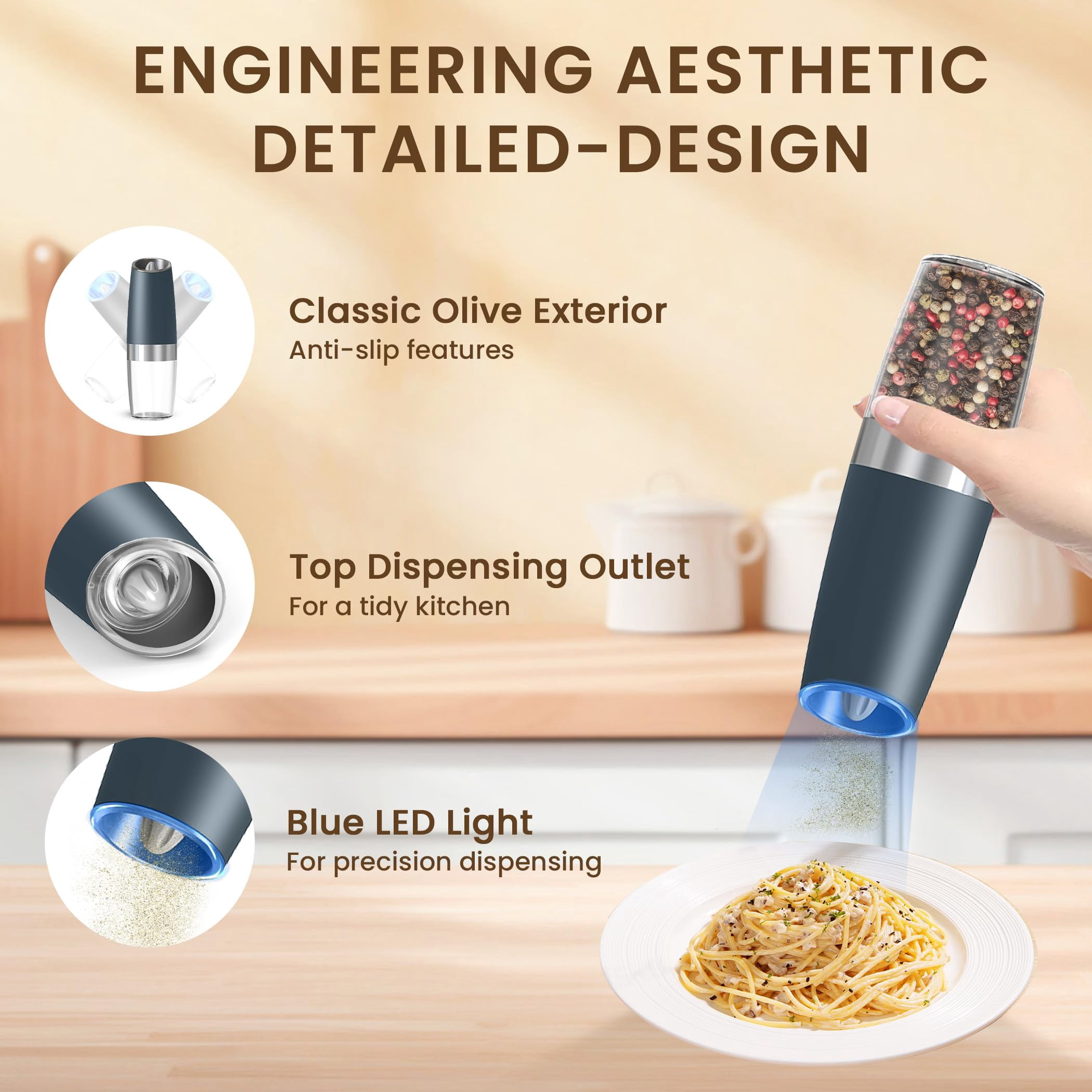 Electric Salt and Pepper Grinder Set, Battery Operated Automatic Grinders with Adjustable Coarseness and LED Light, 2 Pack, Black