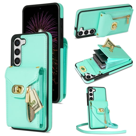 Allytech Wallet Back Case Cover for Samsung Galaxy S20, S20 Wallet Case, With Shoulder Strap Stand Feature Cards Slots Wallet Case for Girls Women Shockproof Shell Case for Galaxy S20 - Mint