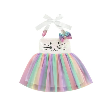

Calsunbaby Summer Easter Kids Girls Princess Mesh Dress Bunny Sequined Sleeveless Halter Tulle Tutu Dress Clothes 12-18 Months
